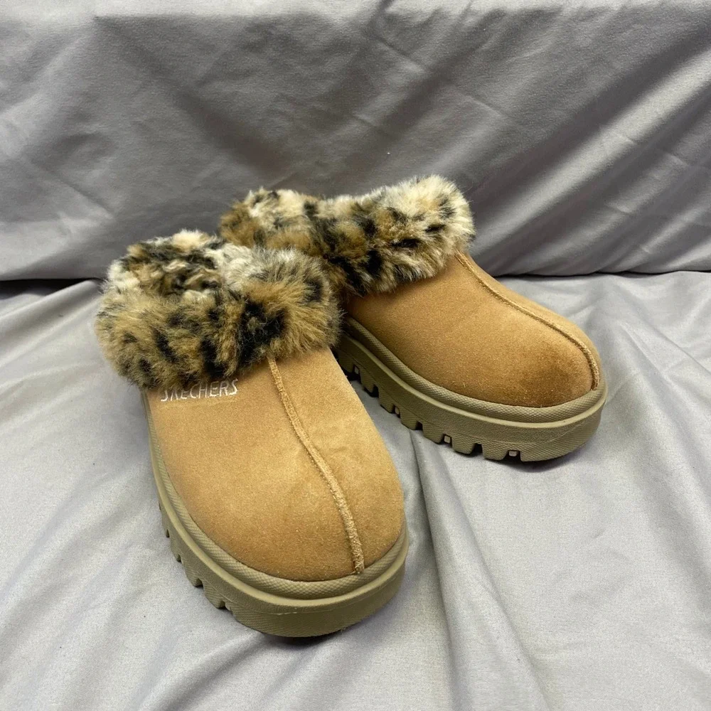 Skechers Kids Leopard Faux‎ Fur Platform Mules Tan Suede Lug Sole 46064 Size 5.5